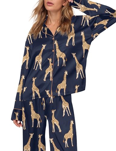Image of SHESHOW Satin Pajamas Set for Women Set Long Sleeve Button Down Pjs Sets 2 Piece Loungewear Animal Sleepwear XS-XXL