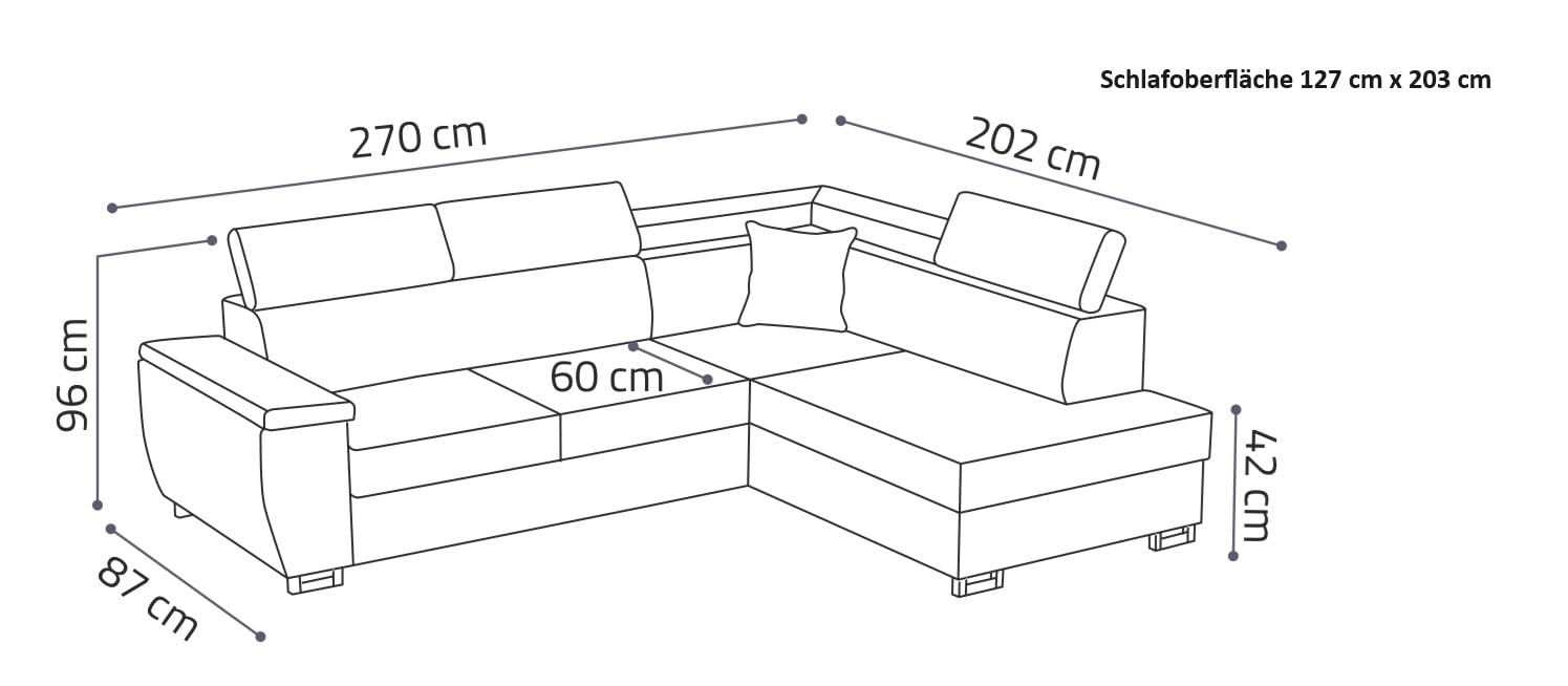 Ecksofa mit Schlaffunktion und Bettkasten Nicole 270x202x96cm (BxTxH) I Sofa L Form mit Verstellbare Kopfstützen I Eckcouch mit Schlaffunktion I Federkern I Sofa Schwarz Rechts