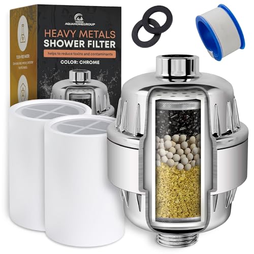 AquaHomeGroup Heavy Metals Shower Filter (2 Cartridges Included) – Reduces Impurities – 4-Stage High-Pressure Filtration with KDF 55, Zeolite & Activated Carbon – Universal Fit
