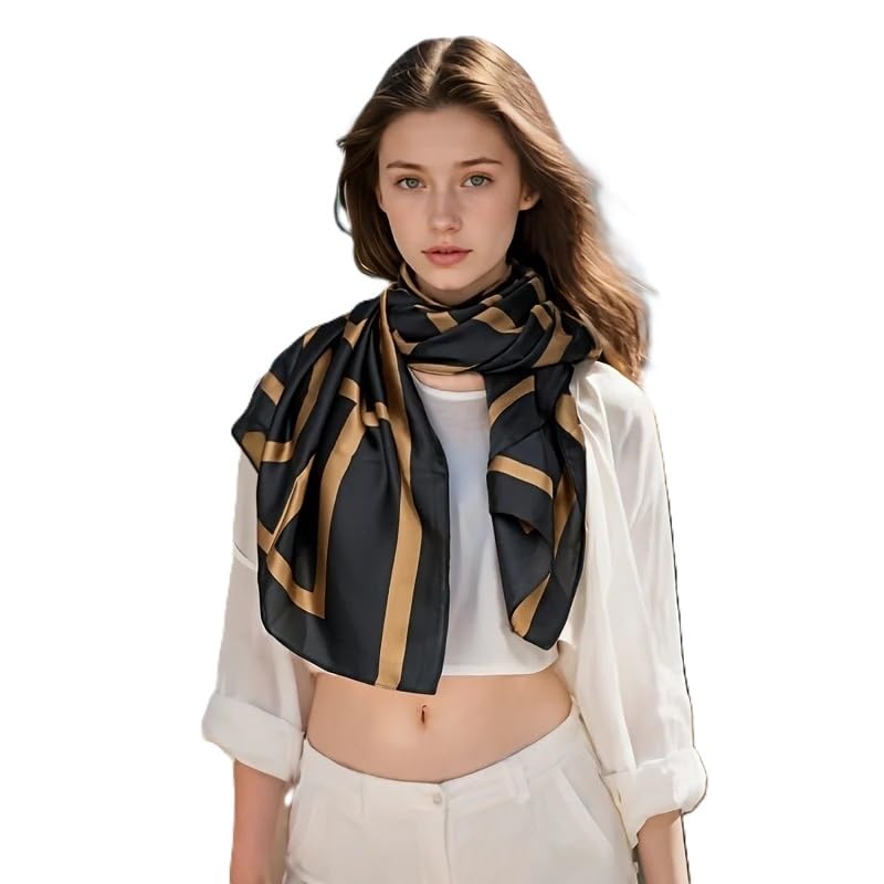 Image of Alexvyan Satin Silk Summer Scarves 170 x 84 cm, Black and Gold Geometric Pattern with Stitched Border, Lightweight Fashion Scarf for Women Sun Protection Stole