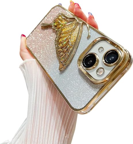 Image of SHINESTAR 3D Butterfly Case for iPhone 14, Cute Girly Glitter Bling Luxury Back Cover for Women Girls Protective Shockproof Slim Camera Protection (for iPhone 14 - Gold