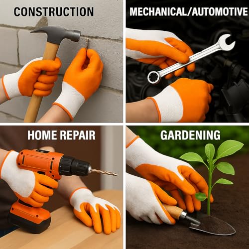 Image of Nylon Safety Work Gloves with Nitrile Coating - Industrial-Grade Protection for Cleaning, Warehouse, Mechanics, Construction - Durable, Flexible, Non-Slip Grip (White & Orange, 10 Pair)