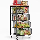 Goovilla Kitchen Cart with Drawers, 4 Tier Metal Rolling Utility Cart Organizer on Lockable Wheels with Wooden Top, Black Fruit Vegetable Storage Rack Also for Cans, Snack, Craft, Art, Office, Beauty