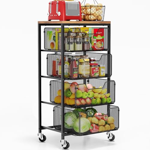Goovilla Kitchen Cart with Drawers, 4 Tier Metal Rolling Utility Cart Organizer on Lockable Wheels with Wooden Top, Black Fruit Vegetable Storage Rack Also for Cans, Snack, Craft, Art, Office, Beauty
