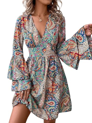 Boho Floral Paisley V-Neck Dress with Bell Sleeves, Multi-Color Print, Empire Waist
