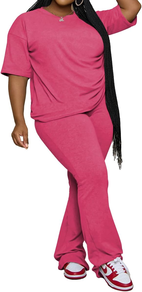 PINSV Womens Plus Size Sets 2 Piece Outfits Casual Short Sleeve Top and Flare Pants Tracksuit