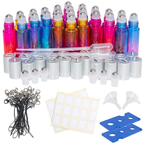 Rocinha Essential Oil Roller Bottles, 24 Pack 10ml Gradient Color Roller Bottles, Roll-on Bottle with Stainless Steel Roller Balls(6 Extra Roller Balls,30 labels,2 Opener,2 Dropper,2 Funnel)