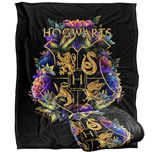 Harry Potter Manta 152 x 127 cm, Escudo Floral Multicolor Hogwarts, Tacto Sedoso, Manta súper Suave