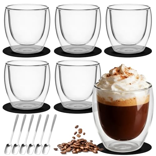 Latte Macchiato Kaffee Gläser mit Thermo Doppelwandig: 6er-Set Doppelwandiges Thermoglas Espresso mit Löffel 250 Ml Doppelglas Cappuccino coffee cups Espressotassen für Eiskaffee Iced Americano Milch
