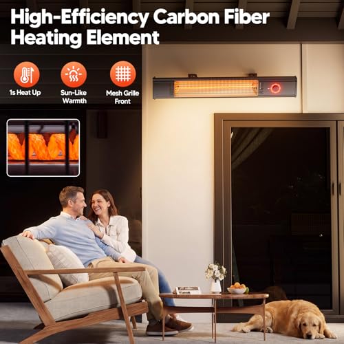 Image of Patio Heater for Outdoor Use 1500W, 8H Timer, Waterproof, Infrared Electric Wall-Mounted Patio Heater, 8 Levels Heating for Garage Backyard Black