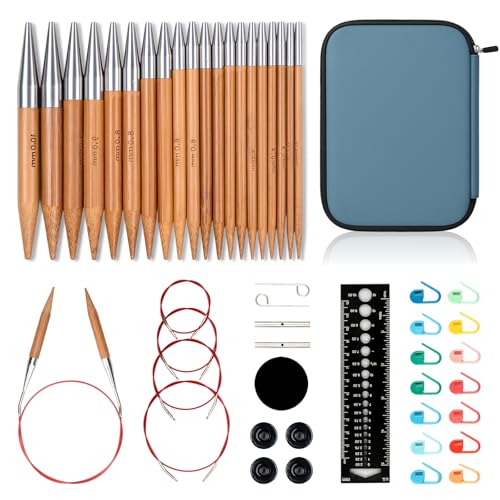 RUIDI Circular Knitting Needles Set 11 Sizes Bamboo Interchangeable Circular Knitting Needles Set with Case & Accessories 4 (10cm) | (3.5mm to 10mm) (Bamboo)