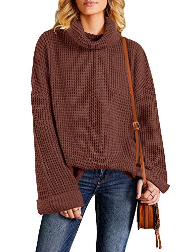 Ybenlow Womens Turtleneck Oversized Sweaters Batwing Sleeve Chunky Loose Slit Pullover Knit Jumper Slouchy Tops Brick Red