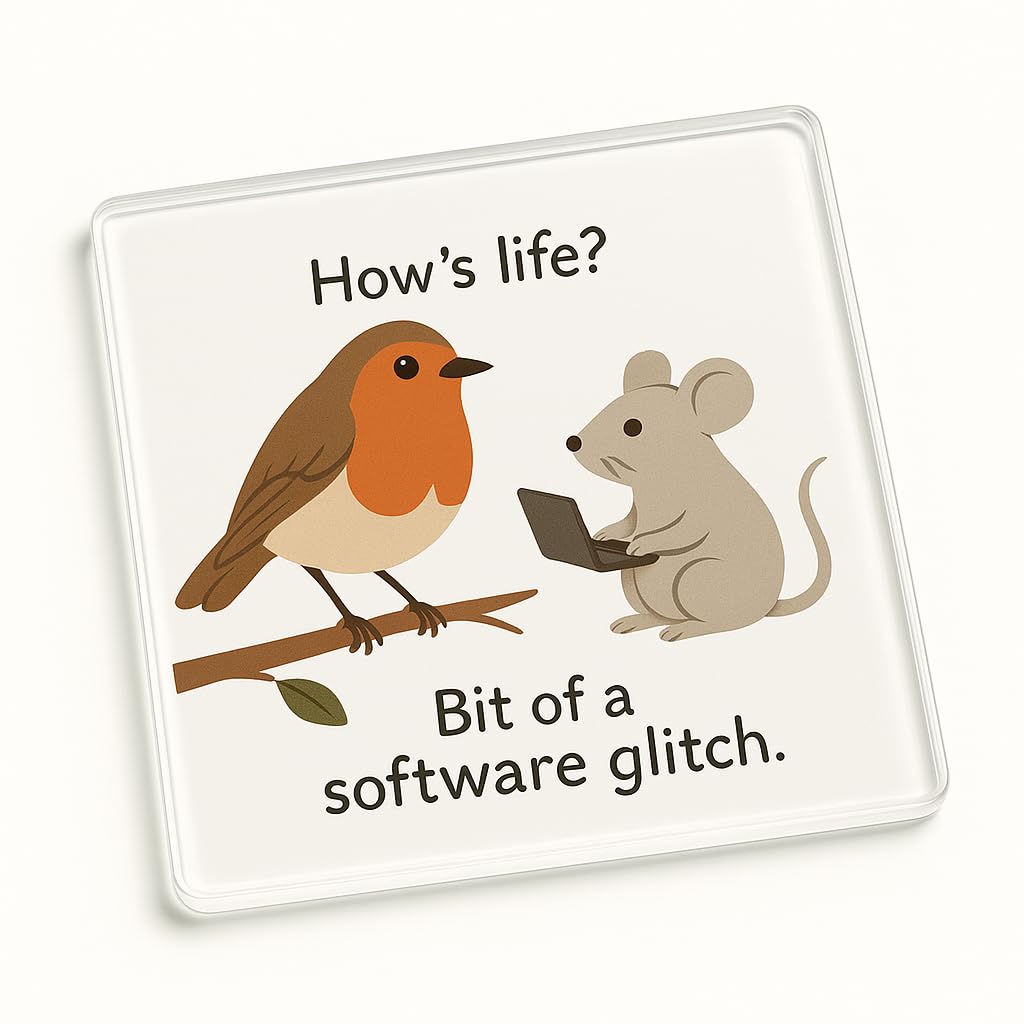 The Plum Penguin Natures Glitch Funny Acrylic Coaster Gift - Whimsical Cartoon Design With Robin And Mouse - Unique Desk Accessory Present