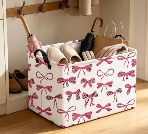 Image of Rectangle Storage Bin,Gift Basket,Room Decor(Pink leopard print bow)