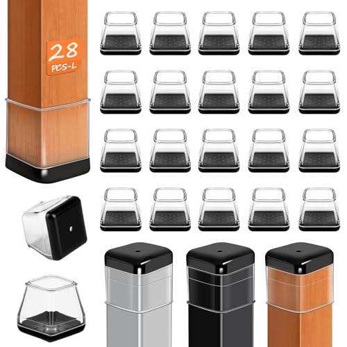 28 Pcs Chair Leg Sliders for Carpet Rug, Square Chair Leg Floor Protectors Glides, Dining Room Furniture Foot Caps, Silicone Covers with Plastic Pads, No Scratches (Fit:1-1/8'~1-7/16', Clear)