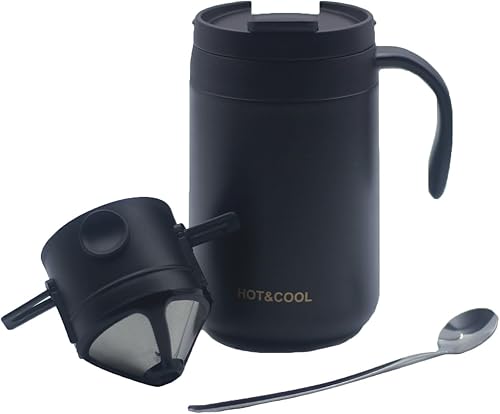 Miniatura 1 de Cafetera portátil de 16 onzas con filtro plegable y agitador, taza de viaje aislada de acero inoxidable con tapa, no necesita filtro de papel, sin