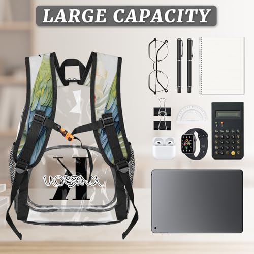Personalized Small Clear Backpack Stadium Approved Heavy Duty PVC Plastic Custom Jungle Parrot Transparent Backpacks See Through Bag with Name, Tropical Leaves and Flowers3