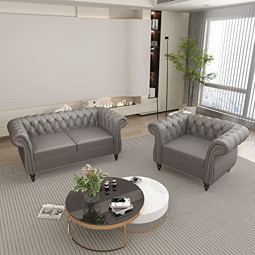 Image of QHITTY 2 Piece Living Room Set, Sectional Chesterfield Sofa Chair Contemporary Upholstered Leather Loveseat Couch Sets for Living Room, Bedroom, Office