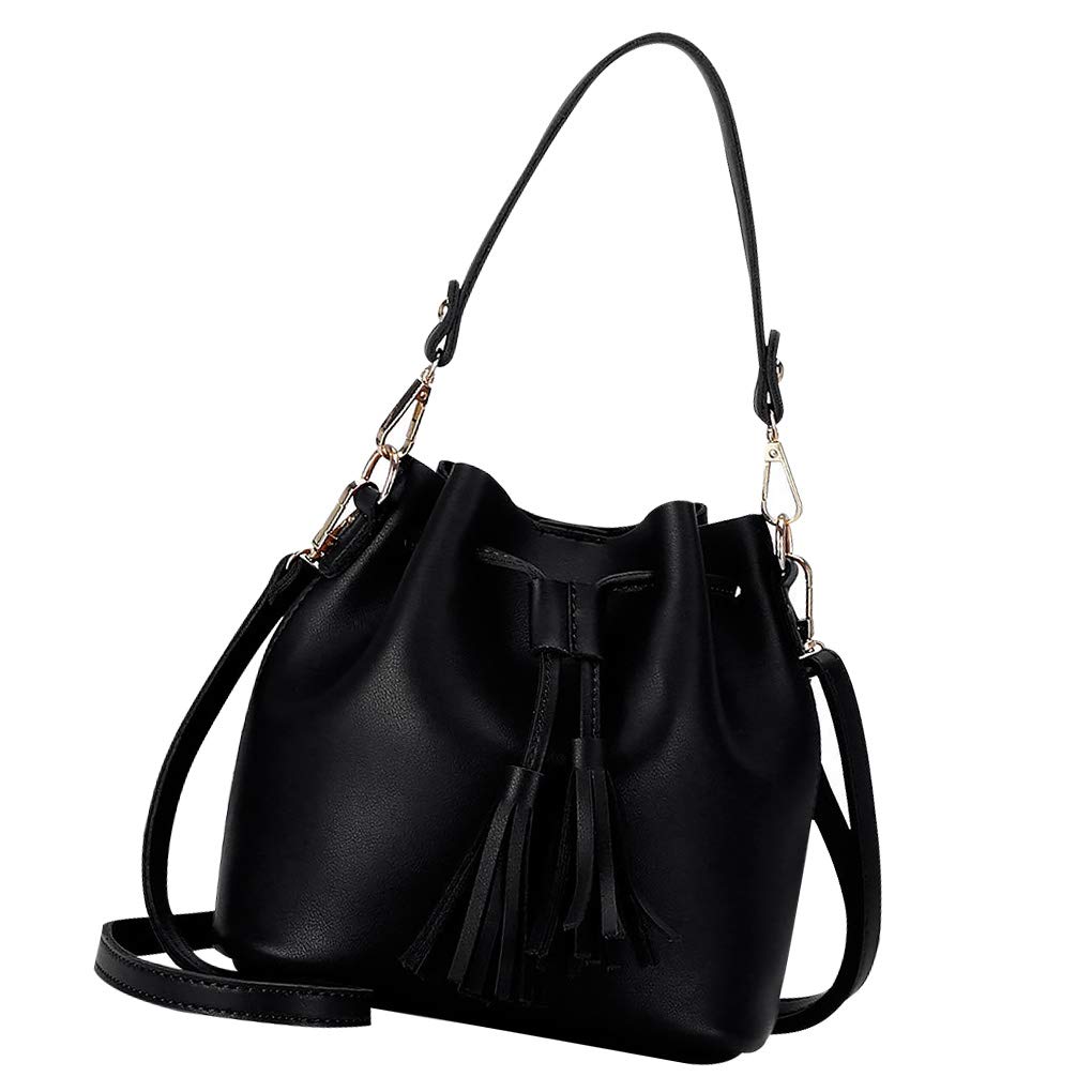 WOVEBIUS Bucket Bag Faux Leather Tassel Drawstring Crossbody Pouch Women Solid Color Shoulder Bag Handbag,Black