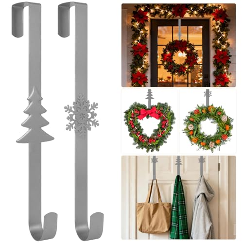 Chyaya Lot de 2 cintres robustes pour couronne de Noël, 38 cm, crochets en métal argenté pour porte d'entrée, décoration murale de Noël, Pâques, mariage, guirlande de bienvenue pour la maison et le