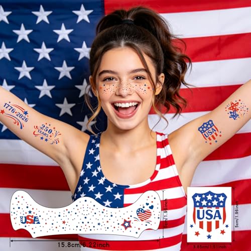 Image of 28PCS 4th of July Face Tattoos, Red White Blue Glitter Freckles Stars Stripes USA Flag Temporary Tattoos, Patriotic Face Stickers for Women Kids, Independence Day Party Makeup Accessories