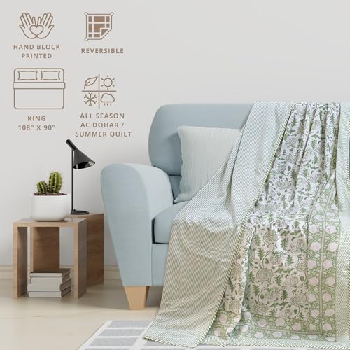 Image of TOAIArt Premium Jaipuri Dohar | AC Blanket Summer Quilt | Hand Block Printed | 3 Layers | Reversible | 150GSM 100% Mulmul Cotton | 100% Cotton Flannel Filling | King 108 inch X 90 inch |Green Kalamkari