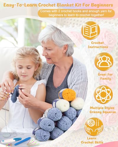 Image of Coopay Crochet Kit for Beginners, Granny Square Blanket Kit, Blue-Purple | Crochet Kit W /Video Tutorial & Digital Instructions, All Accessories Included, Easy Knitting to Create Granny Square Blanket
