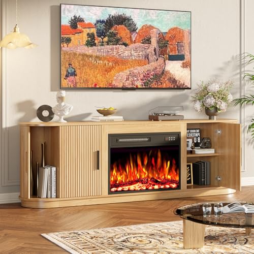 Image of Waleaf 70 inch Fluted Fireplace TV Stand with 23 inch Electric Fireplace for TVs Up to 80 inch, Entertainment Center with Sliding Door, Curved Profile Design, Wood Console for Living Room, Wood
