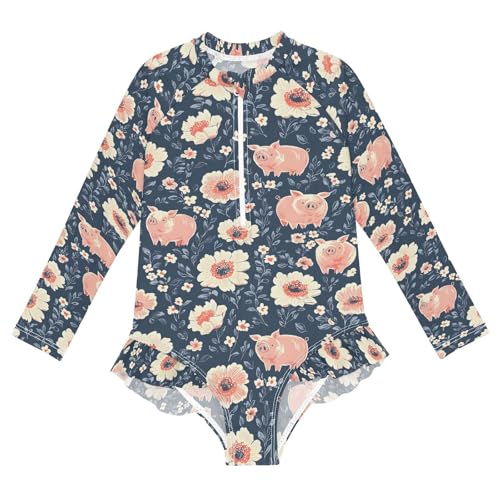 ALAZA Piggy Pig Floral Navy Girls One Piece Swimsuit Long Sleeve Rash Guard Swimsuits UV 50+ Swimwear Zipper