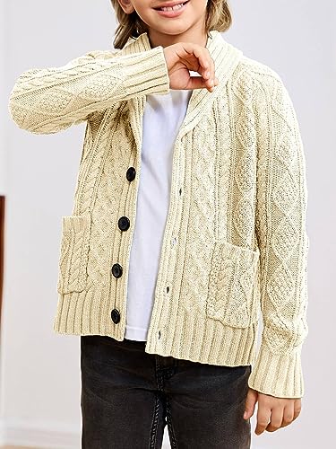 rrhss Boys Cable Knit Cardigan Sweater Kids Button Down Shawl Collar Outwear Sweater with Pockets 3-12 Years3