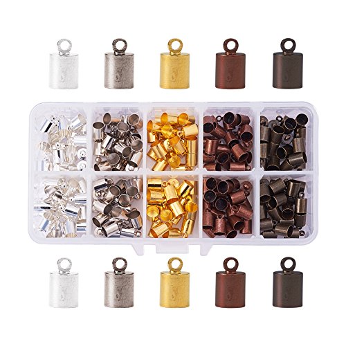 PH PandaHall 200PCS 5 Color Brass Leather Ends Cord Glue in Barrel End Caps, Leather Cord Finding Kit for Kumihimo Jewelry and Tassel Making, 5.5mm