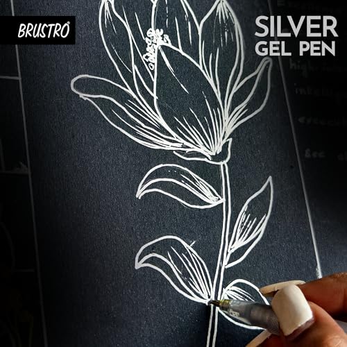 Image of BRUSTRO Silver Gel Pen|Pack of 12-1mm Metal Tip,Opaque and Viscous Ink|Ideal For Drawing,Writing,Highlighting,Doodling,Scrapbooking,Mandala Art,Illustration,Fine Art Students and Professionals