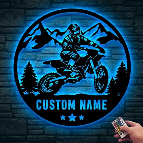 Image of Custom Dirt Bike Metal Sign With LED Light, Dirt Bike Rider Gift, Garage Sign, Man Cave, Husband Boyfriend Gift For Birthday And Christmas, Home Decor