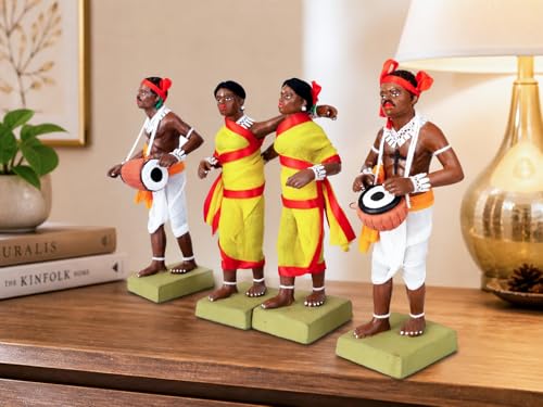 Image of Krishnanagar Handmade Clay Tribal Dance Group Idol | Terracotta Folk Human Figurines | Traditional Home Decor & Gift Showpiece | Set of 4