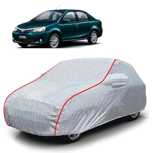 Image of Sulfar 100% Waterproof Car Body Cover Compatible with Mirror for Toyota Etios (Triple Stitched, Full Bottom Elastic, Magic Silver with Red Piping)