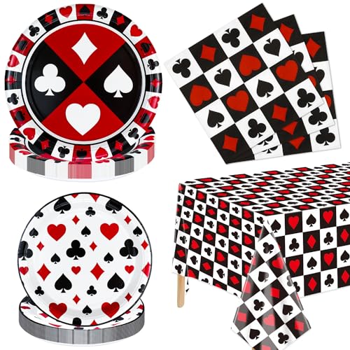 Lot de 61 décorations de fête de casino – Service de table d'anniversaire sur le thème du poker comprenant des assiettes, des serviettes, une nappe pour...