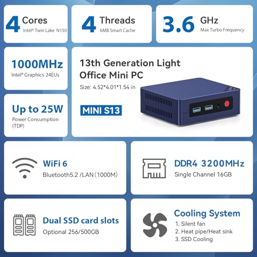 Image of Beelink Mini S13 Mini PC,13th Intel Twin Lake-N150 (up to 3.6GHz, Upgraded N100), 16GB DDR4 500GB M.2 SSD, Mini Desktop Computer Support 4K Dual Display /USB 3.2 /WiFi 6 /BT 5.2 for HTPC /Office /Business
