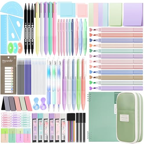 Focxoio 146PCS Aesthetic Stationery Supplies with Pen Case & Notebook 12 Pastel Highlighters 3 Erasable Pens 5 Multicolor Pen 5 Gel Pen 9 Mechanical Pencil Stationery Set for Students School Supplies