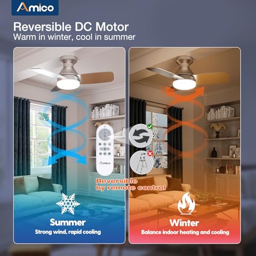 Image of Amico Ceiling Fans with Lights, 30 inch Low Profile Ceiling Fan with Light and Remote Control, Flush Mount, Reversible, 3CCT, Dimmable, Noiseless, Nickel Ceiling Fan for Bedroom, Indoor /Outdoor Use