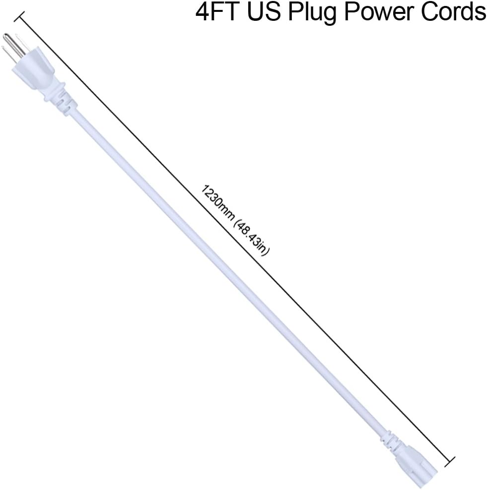4ft US Plug Power Cable Wire for T5 T8 Double End 3Pin LED Tube, Extension Cord for Integrated LED Fluorescent Tube Light Bulb, White Color 5PACK