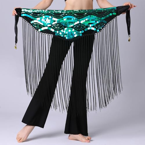 Jupe de danse orientale verte à sequins et franges pour performance sur scène