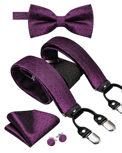 Image of Hi-Tie Men Suspender Bowtie Set Suspenders Pre-tied Bow Tie Pocket Square Cufflinks Adjustable Y Shape 6 Clips Braces Tuxedo
