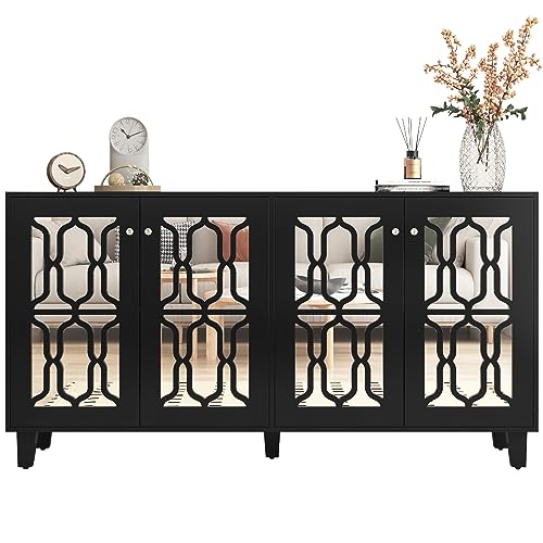 Aparador de espejo con asas de cristal – Cómoda moderna con 4 puertas de MDF, elegante aparador con estantes ajustables – Elegante espacio de almacenamiento para salón comedor (negro)