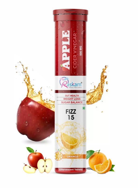 Raskam Apple Cider Vinegar 15 Effervescent Tablet| Helps in Weight Management, Digestion & Sugar Balance Orange Flavour 100% Vegan| 500mg (Pack of 1)