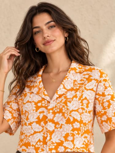 Image of Leriya Fashion Women Short Sleeve Crop Shirt | Notch Cuban Collar Front Button-Up Top | Floral Block Print Pattern Matte Texture Blouse | Casual Regular Fit Ladies Midriff Holiday Comfort