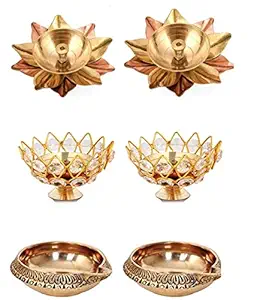 Brass Gallery Copper & Brass Flower Diya | Crystel Bowl Diya | Kuber Diya Combo Pack