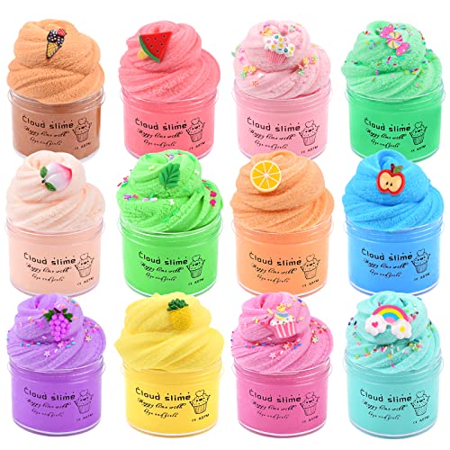 Fluffy Slime 12 Pack, Cloud Slime Set per bambini e bambine, con caramelle, gelati, frutta ecc, arcobaleno, charms, regali per feste Slime fai da te per bambini, Morbido e antiaderente Stretch