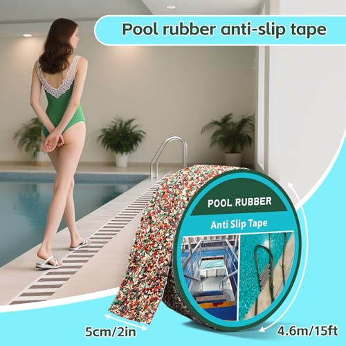 Image of Pool Rubber Anti Slip Tape 2in x 15ft, Waterproof Non-Slip Tape, Ideal for Bare Feet Safety Near Pools, Steps and Ramps(2in x 15ft, Red)