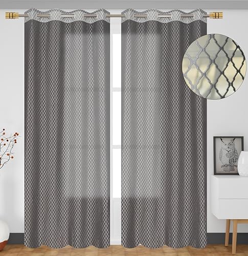 Image of Sheer Net Semi Transparent Home Decor Curtains for Living Room, Balcony Doors and Windows Panel, Parda, Eyelets Hanging, Grey, 4 x 7 Feet, Pack of 2