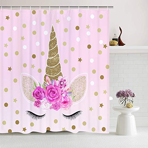Romeooera Unicorn Shower Curtains, Cute Pink Floral Unicorn Magic Head Twinkle Star Shower Curtain